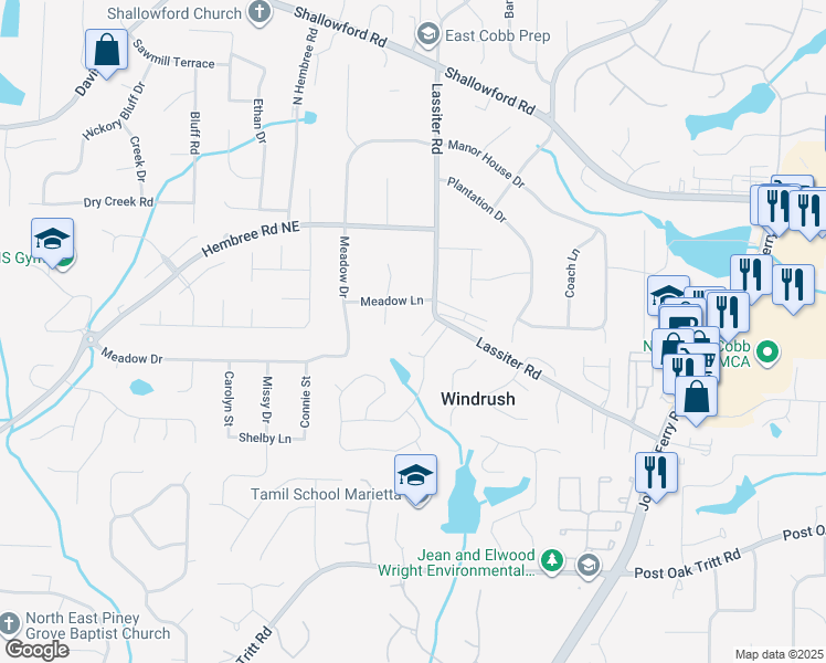 map of restaurants, bars, coffee shops, grocery stores, and more near 3041 Covington Road Northeast in Marietta