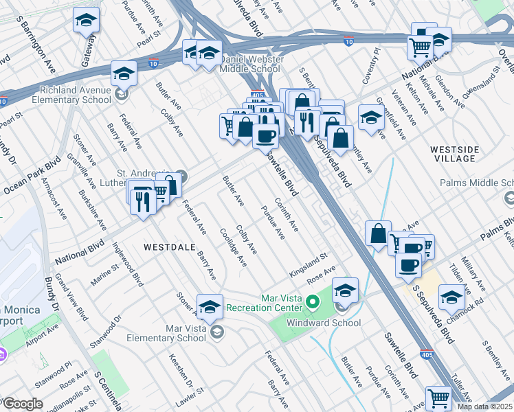 map of restaurants, bars, coffee shops, grocery stores, and more near 3153 Purdue Avenue in Los Angeles