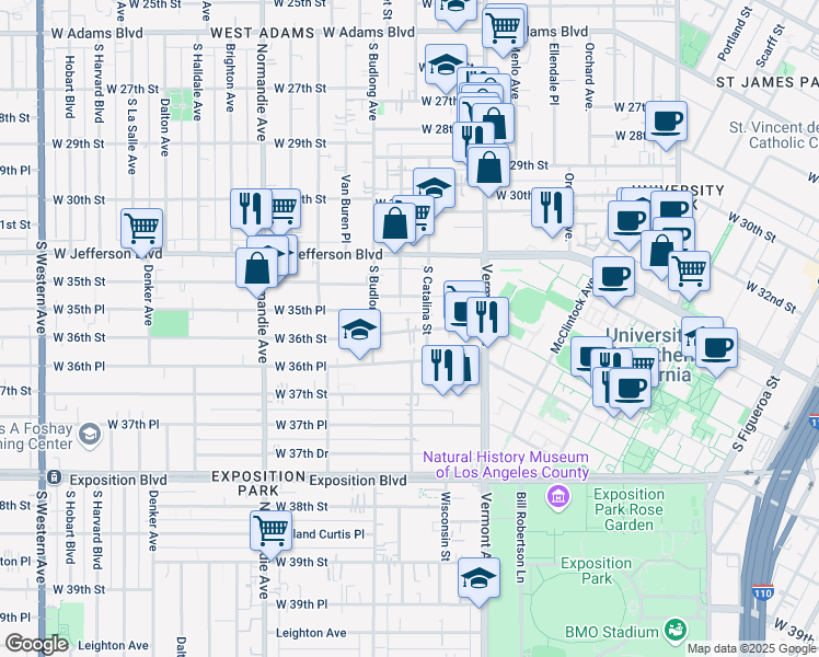 map of restaurants, bars, coffee shops, grocery stores, and more near 1201 West 36th Street in Los Angeles