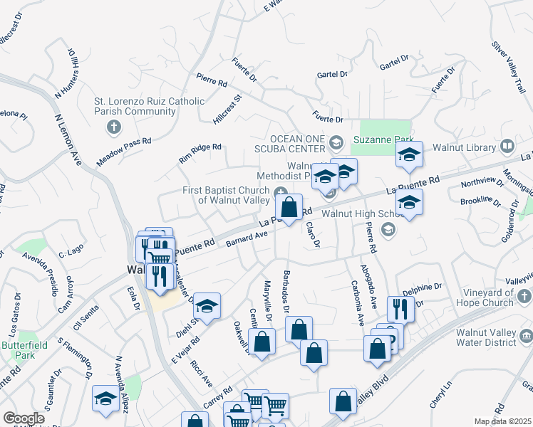 map of restaurants, bars, coffee shops, grocery stores, and more near 602 Lone Eagle Road in Walnut