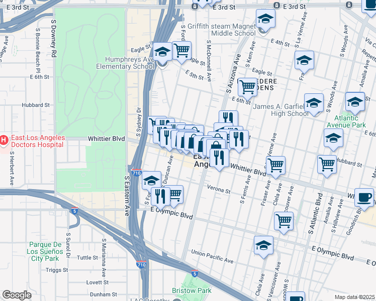 map of restaurants, bars, coffee shops, grocery stores, and more near 4571 1/2 Whittier Boulevard in East Los Angeles