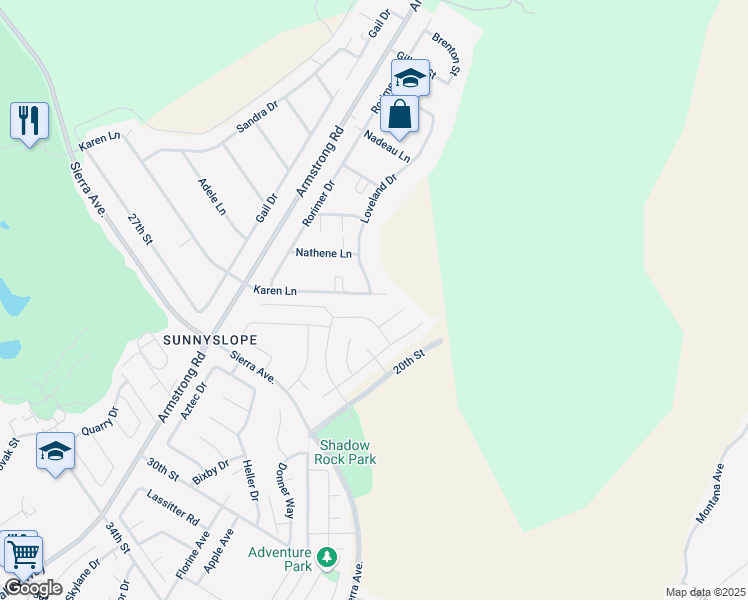map of restaurants, bars, coffee shops, grocery stores, and more near 6590 Karen Lane in Riverside