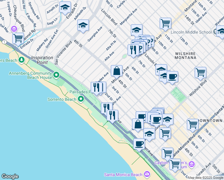 map of restaurants, bars, coffee shops, grocery stores, and more near 820 3rd Street in Santa Monica