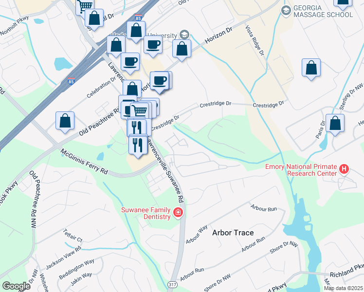 map of restaurants, bars, coffee shops, grocery stores, and more near Beynon Terminal Northeast in Suwanee
