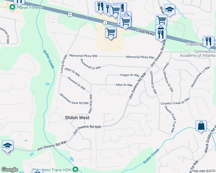 map of restaurants, bars, coffee shops, grocery stores, and more near 2850 Magnolia Creek Drive Northwest in Kennesaw