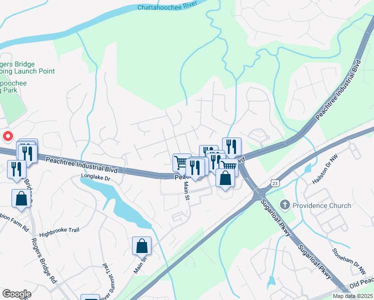 map of restaurants, bars, coffee shops, grocery stores, and more near 3880 Lake Lanier Drive Northwest in Duluth