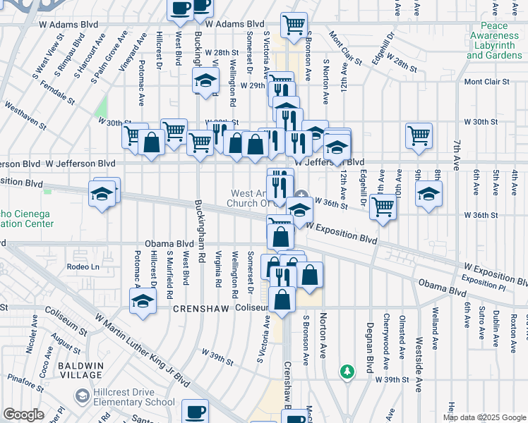 map of restaurants, bars, coffee shops, grocery stores, and more near 3625 South Victoria Avenue in Los Angeles