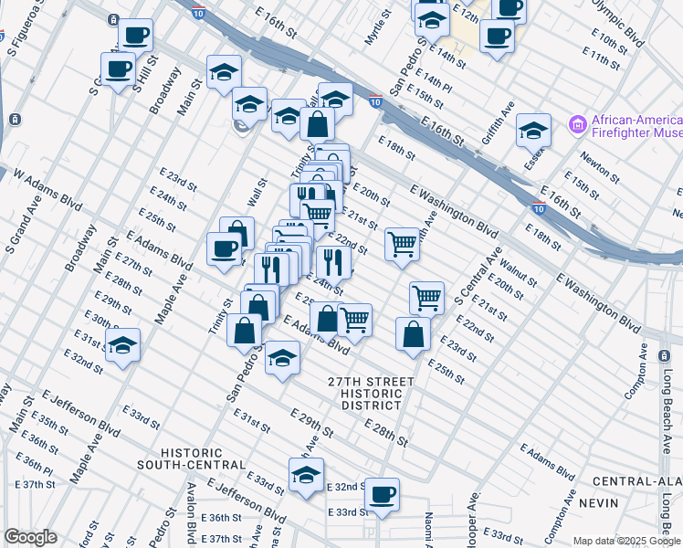 map of restaurants, bars, coffee shops, grocery stores, and more near 836 East 23rd Street in Los Angeles