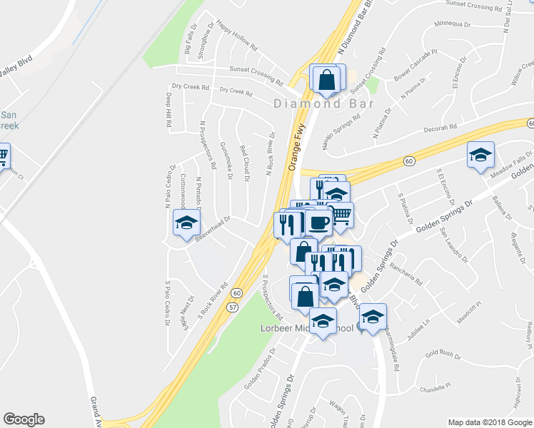 map of restaurants, bars, coffee shops, grocery stores, and more near 128 North Rock River Drive in Diamond Bar