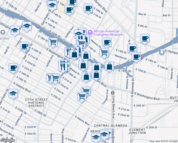 map of restaurants, bars, coffee shops, grocery stores, and more near 1402 East Washington Boulevard in Los Angeles