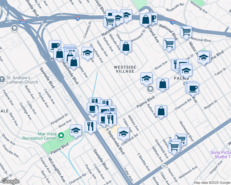 map of restaurants, bars, coffee shops, grocery stores, and more near 10974 Rose Avenue in Los Angeles