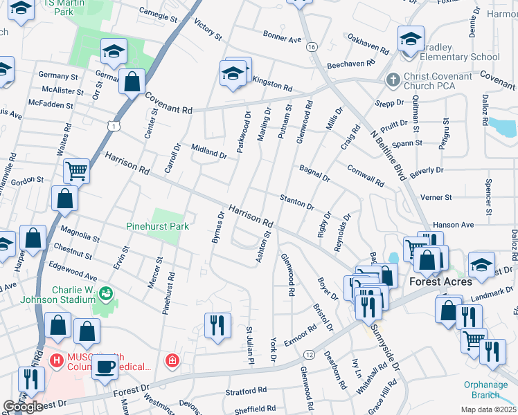 map of restaurants, bars, coffee shops, grocery stores, and more near 2413 Putnam Street in Columbia
