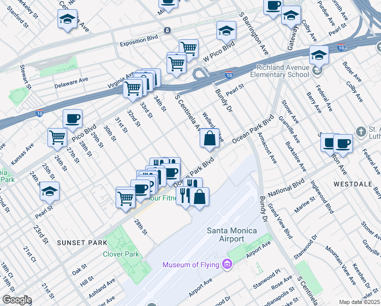 map of restaurants, bars, coffee shops, grocery stores, and more near 2658 34th Street in Santa Monica
