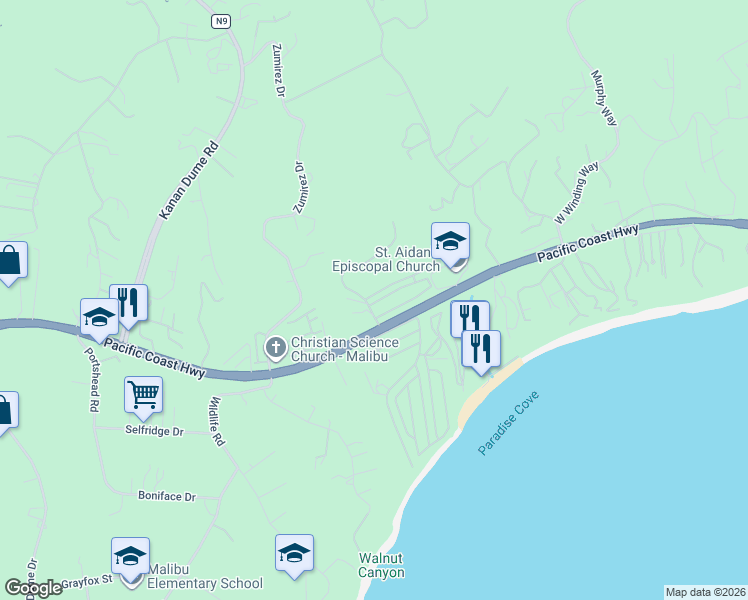 map of restaurants, bars, coffee shops, grocery stores, and more near 28278 Rey De Copas Lane in Malibu