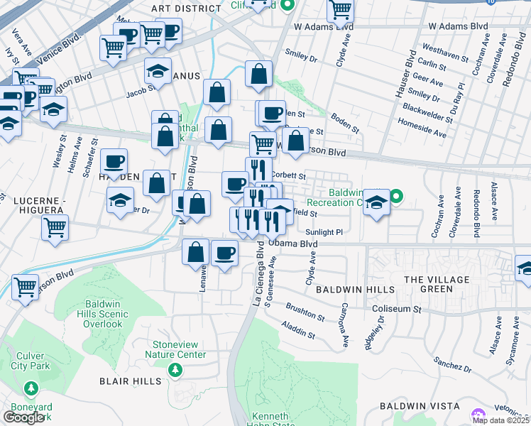 map of restaurants, bars, coffee shops, grocery stores, and more near 5780 Bowesfield Street in Los Angeles
