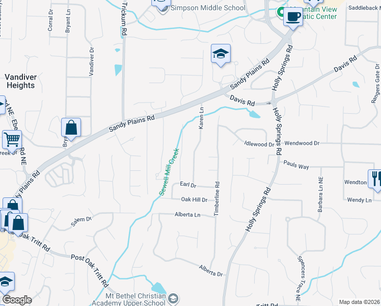 map of restaurants, bars, coffee shops, grocery stores, and more near 2993 Karen Lane in Marietta