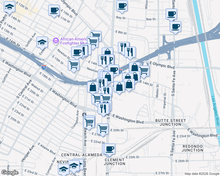 map of restaurants, bars, coffee shops, grocery stores, and more near S Alameda St & E 16th St in Los Angeles