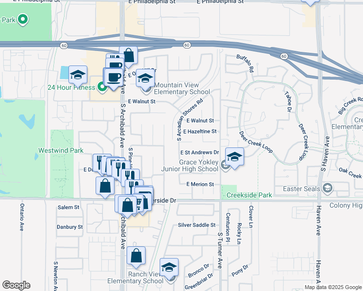 map of restaurants, bars, coffee shops, grocery stores, and more near 2912 East Brookside Court in Ontario