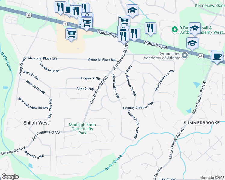 map of restaurants, bars, coffee shops, grocery stores, and more near 3387 Stonewall Drive Northwest in Kennesaw