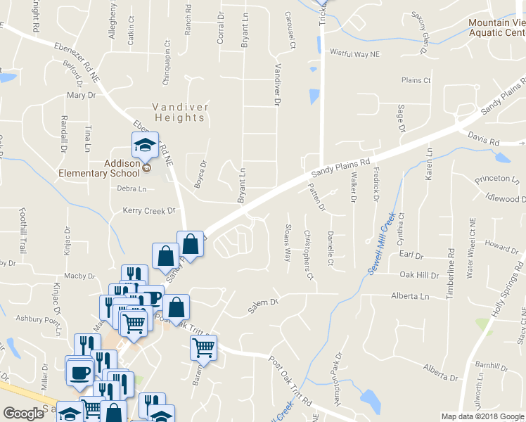 map of restaurants, bars, coffee shops, grocery stores, and more near 2263 Seatton Court in Marietta