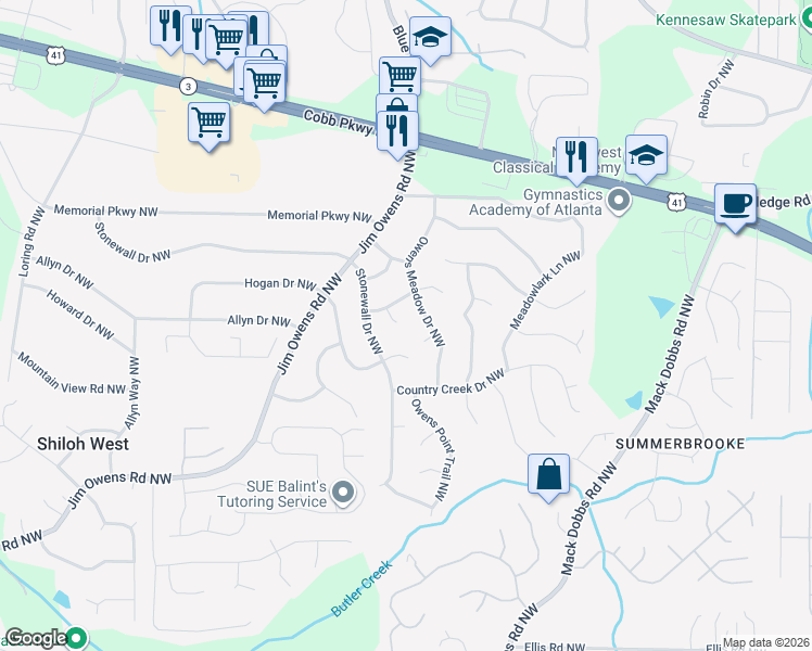 map of restaurants, bars, coffee shops, grocery stores, and more near 2846 Appling Way Northwest in Kennesaw