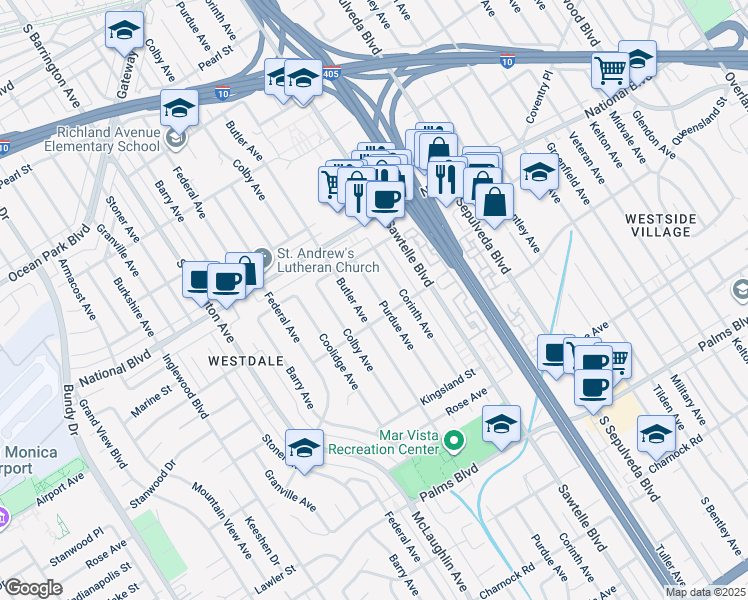 map of restaurants, bars, coffee shops, grocery stores, and more near 3153 Purdue Avenue in Los Angeles