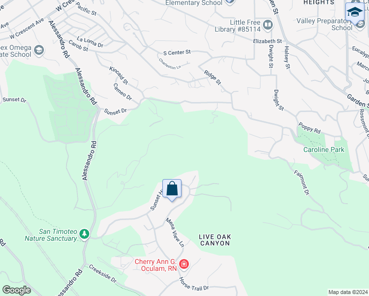 map of restaurants, bars, coffee shops, grocery stores, and more near 0 East Sunset Drive South in Redlands