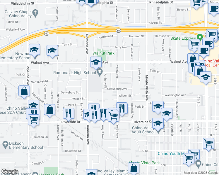 map of restaurants, bars, coffee shops, grocery stores, and more near 12672 Thomas Place in Chino