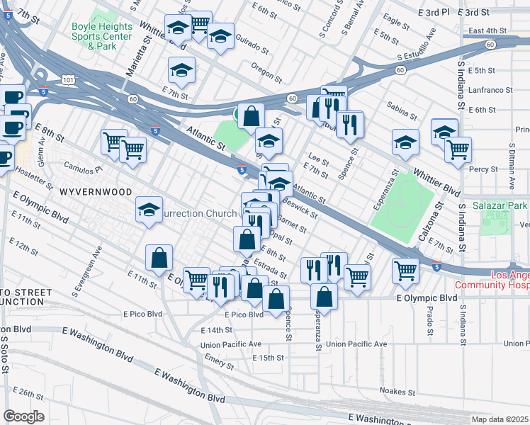 map of restaurants, bars, coffee shops, grocery stores, and more near 1143 South Lorena Street in Los Angeles