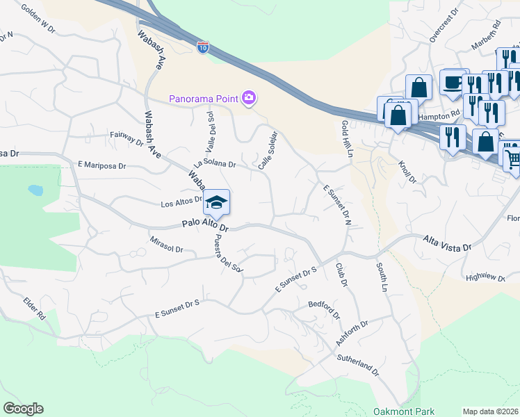 map of restaurants, bars, coffee shops, grocery stores, and more near 30833 La Solana Court in Redlands