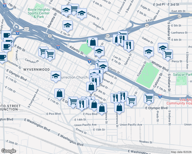 map of restaurants, bars, coffee shops, grocery stores, and more near 1143 South Lorena Street in Los Angeles