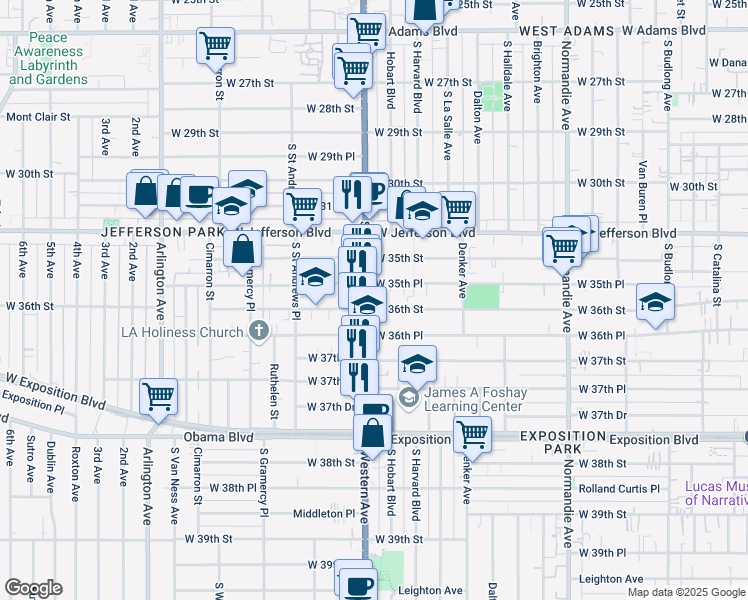 map of restaurants, bars, coffee shops, grocery stores, and more near 1665 West 36th Street in Los Angeles