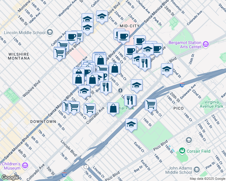 map of restaurants, bars, coffee shops, grocery stores, and more near 1531 15th Street in Santa Monica
