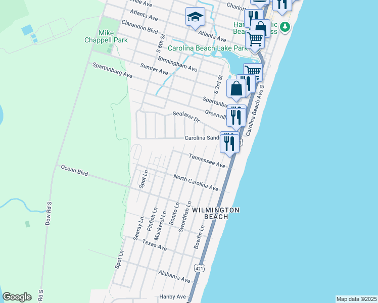 map of restaurants, bars, coffee shops, grocery stores, and more near 503 Tennessee Avenue in Carolina Beach