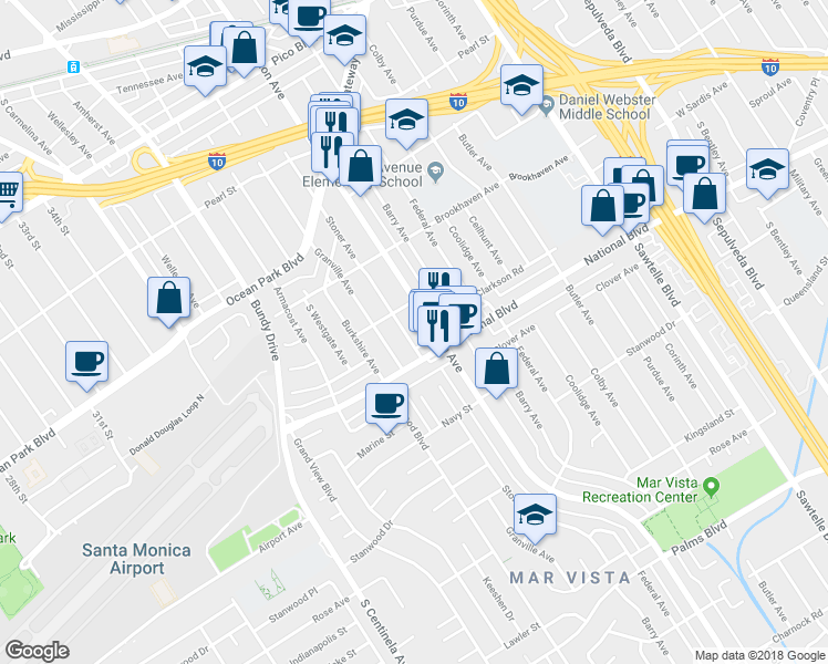 map of restaurants, bars, coffee shops, grocery stores, and more near 2834 Stoner Avenue in Los Angeles