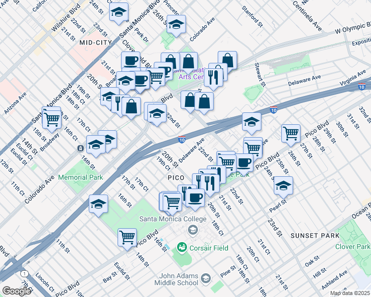 map of restaurants, bars, coffee shops, grocery stores, and more near 1837 21st Street in Santa Monica