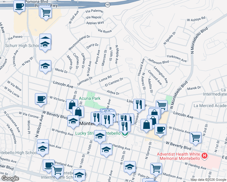 map of restaurants, bars, coffee shops, grocery stores, and more near 1428 Cuesta Way in Montebello
