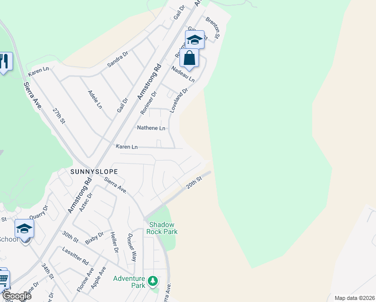 map of restaurants, bars, coffee shops, grocery stores, and more near 6572 Karen Lane in Riverside