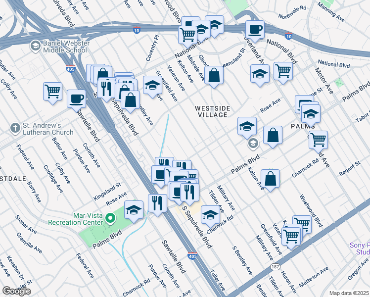 map of restaurants, bars, coffee shops, grocery stores, and more near 3320 Tilden Avenue in Los Angeles