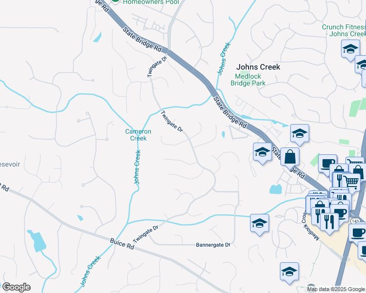 map of restaurants, bars, coffee shops, grocery stores, and more near 5315 Laithbank Lane in Alpharetta