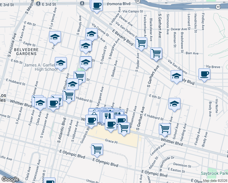 map of restaurants, bars, coffee shops, grocery stores, and more near 619 Eastmont Avenue in East Los Angeles