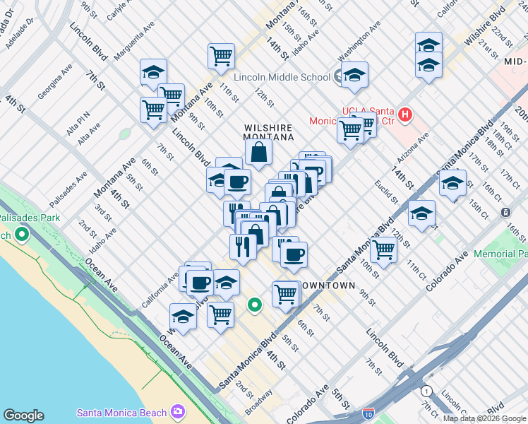 map of restaurants, bars, coffee shops, grocery stores, and more near 1123 Lincoln Boulevard in Santa Monica
