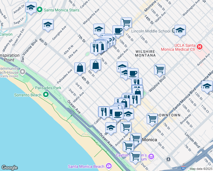 map of restaurants, bars, coffee shops, grocery stores, and more near in Santa Monica