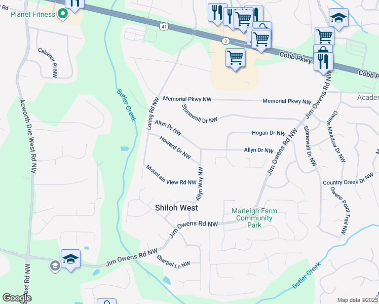map of restaurants, bars, coffee shops, grocery stores, and more near 3816 Howard Drive Northwest in Kennesaw