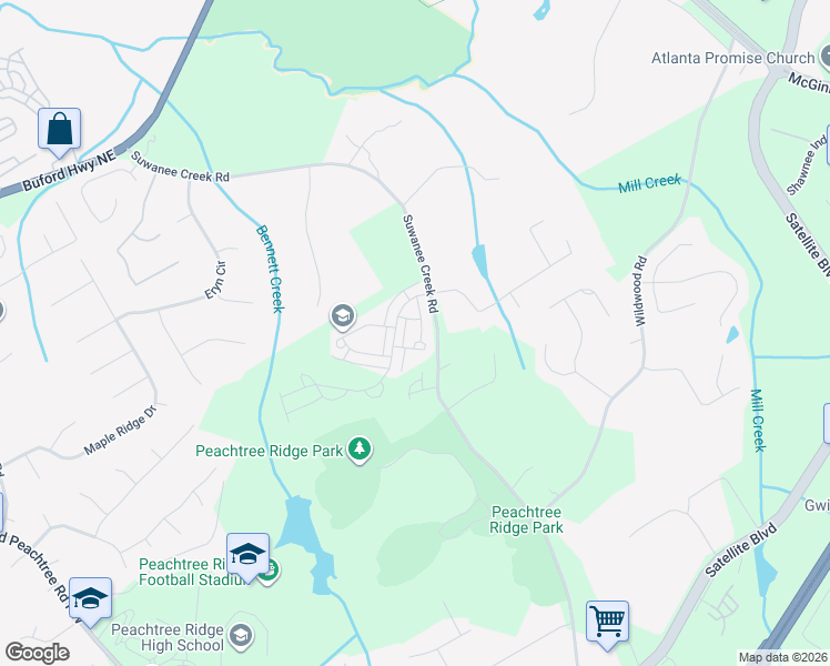 map of restaurants, bars, coffee shops, grocery stores, and more near 3233 Suwanee Creek Road in Suwanee