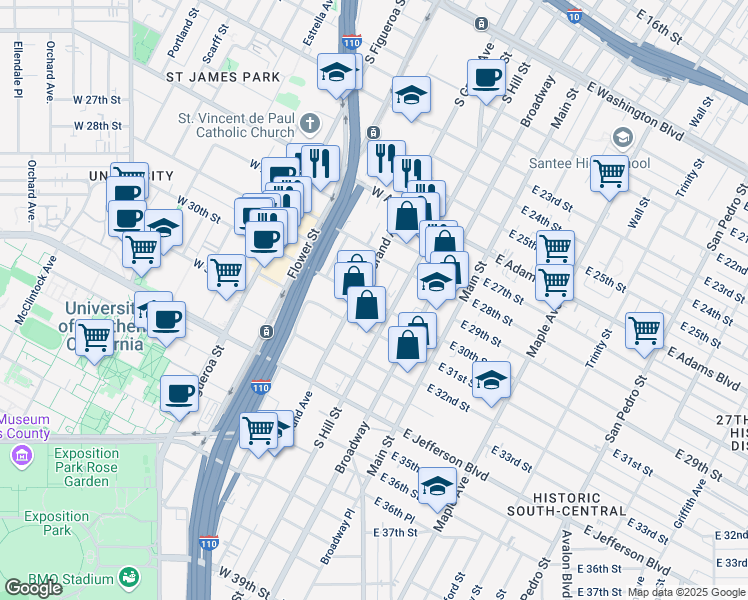 map of restaurants, bars, coffee shops, grocery stores, and more near 237 W 30th St in Los Angeles