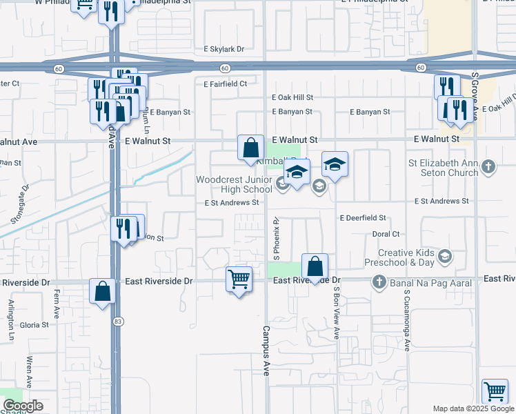 map of restaurants, bars, coffee shops, grocery stores, and more near 664 East Saint Andrews Street in Ontario