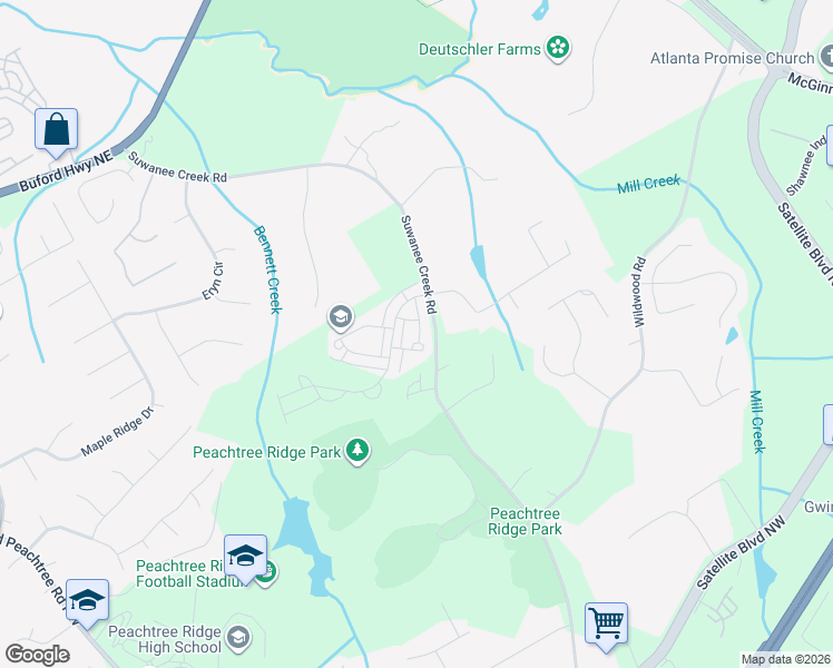 map of restaurants, bars, coffee shops, grocery stores, and more near 3233 Suwanee Creek Road in Suwanee