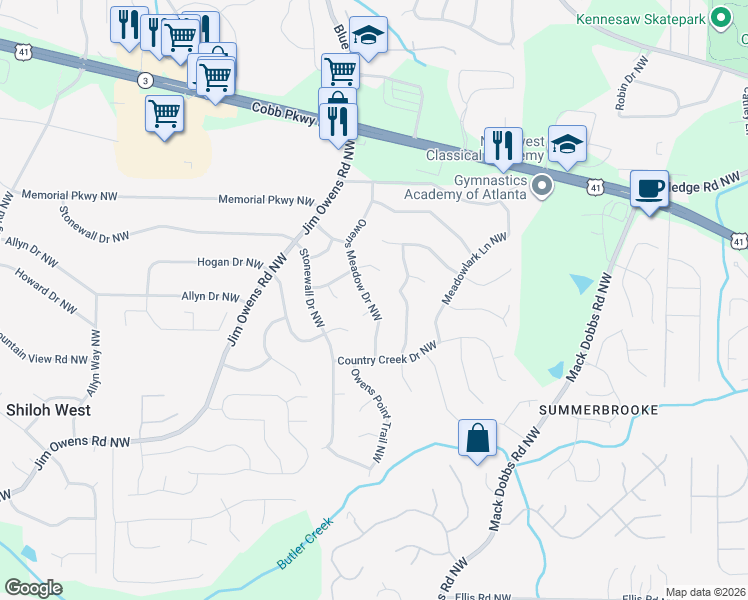 map of restaurants, bars, coffee shops, grocery stores, and more near 2970 Owens Meadow Drive Northwest in Kennesaw