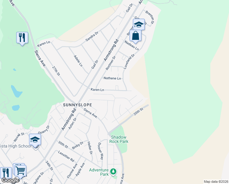 map of restaurants, bars, coffee shops, grocery stores, and more near 6600 Karen Lane in Riverside